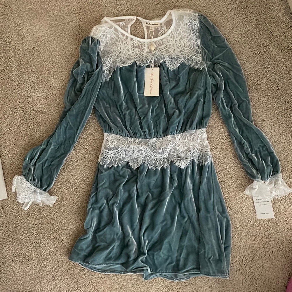 Gorgeous steel blue velvet mini dress by FLL with lace details